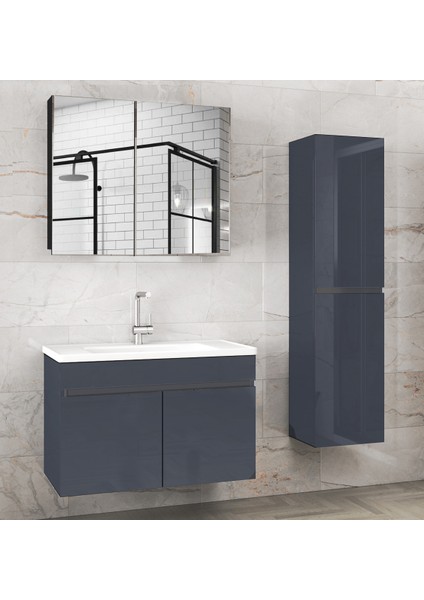 Viola1 Antrasit 80+35 cm Ayna Dolaplı, Boy Dolaplı Seramik Lavabolu Mdf Banyo Dolabı Seti--Hazır Kurulu--