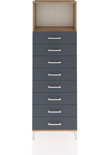 Arges Dolap Tek Raflı 8 Çekmeceli 60X30X182 Çam-Antrasit