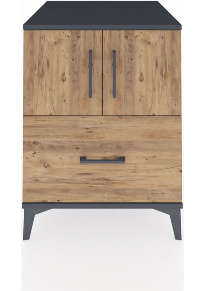 Kronos Komodin 2 Raflı Tek Çekmeceli 2 Kapaklı 60X59X80 Antrasit-Çam