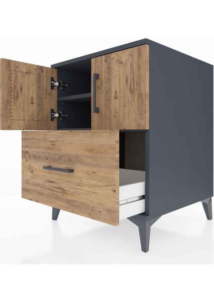 Kronos Komodin 2 Raflı Tek Çekmeceli 2 Kapaklı 60X59X80 Antrasit-Çam indirimleri