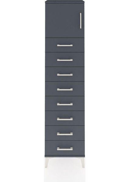 Arges Dolap Tek Raflı 8 Çekmeceli Tek Kapaklı 44X30X182 Antrasit-Antrasit