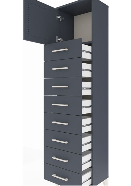 Arges Dolap Tek Raflı 8 Çekmeceli Tek Kapaklı 44X30X182 Antrasit-Antrasit indirimleri