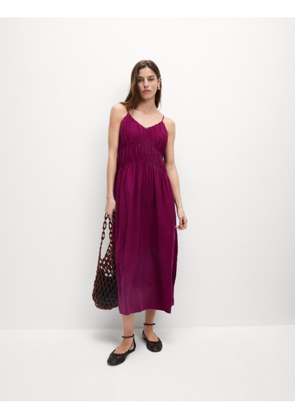 Keten Karışımlı Askılı Midaxi Elbise