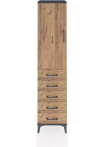 Hyperion Dolap 3 Raflı 5 Çekmeceli Tek Kapaklı 44X44X195 Antrasit-Çam