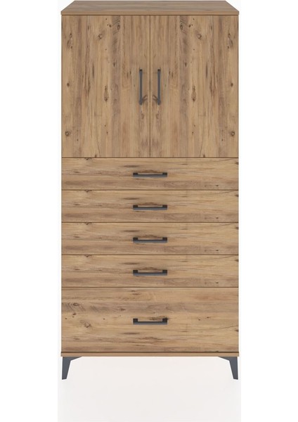 Hyperion Dolap Tek Raflı 5 Çekmeceli 2 Kapaklı 88X44X182 Çam-Çam
