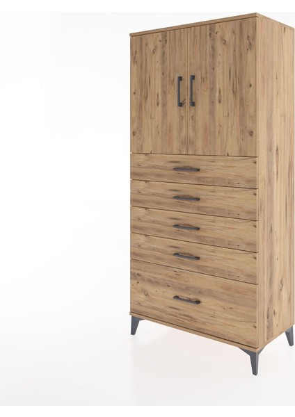 Hyperion Dolap Tek Raflı 5 Çekmeceli 2 Kapaklı 88X44X182 Çam-Çam modelleri