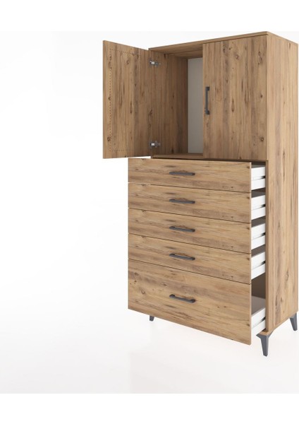 Hyperion Dolap Tek Raflı 5 Çekmeceli 2 Kapaklı 88X44X182 Çam-Çam fırsatları