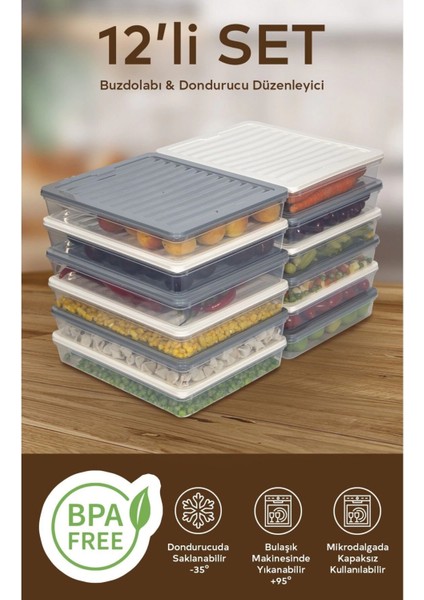 12'li Renkli Buzdolabı Düzenleyici Buzluk ve Mikrodalga Saklama Kabı 12X2400 ml