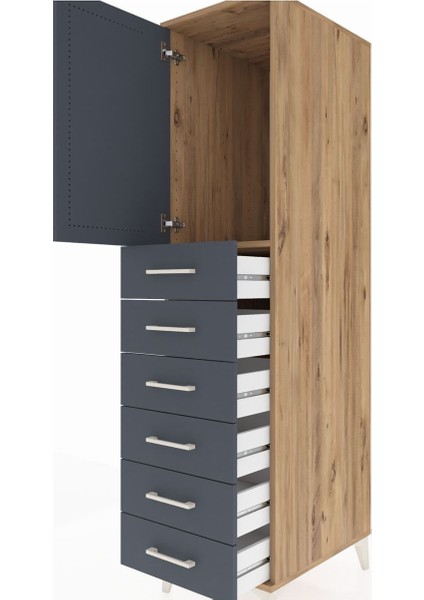 Kronos Dolap Tek Raflı 6 Çekmeceli Tek Kapaklı 44X59X182 Çam-Antrasit indirimleri