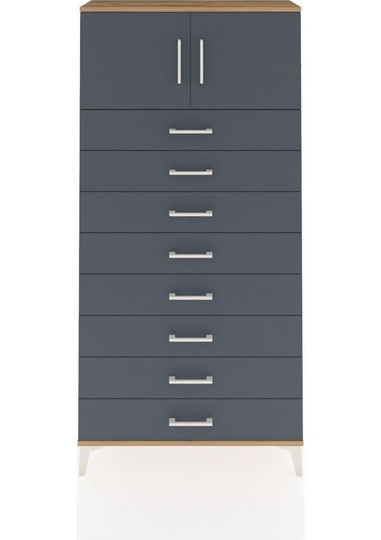 Arges Dolap Tek Raflı 8 Çekmeceli 2 Kapaklı 88X30X182 Çam-Antrasit