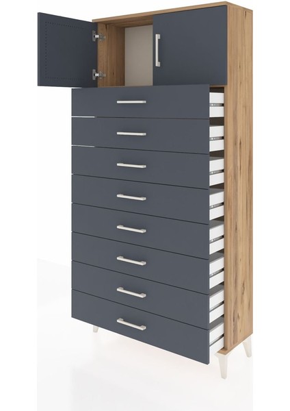 Arges Dolap Tek Raflı 8 Çekmeceli 2 Kapaklı 88X30X182 Çam-Antrasit fırsatları