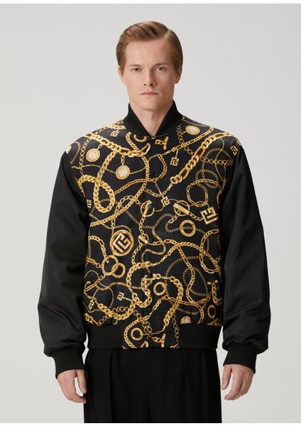 Siyah Gold Desenli Çift Taraflı Bomber Mont