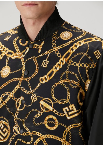 Siyah Gold Desenli Çift Taraflı Bomber Mont