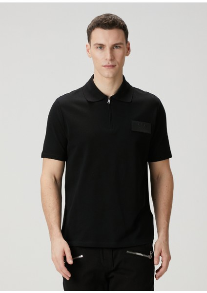 Siyah Polo Yaka Logo Detaylı T-Shirt