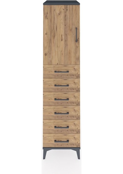 Kronos Dolap Tek Raflı 6 Çekmeceli Tek Kapaklı 44X59X182 Antrasit-Çam