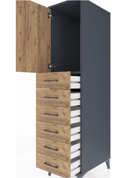 Kronos Dolap Tek Raflı 6 Çekmeceli Tek Kapaklı 44X59X182 Antrasit-Çam indirimleri