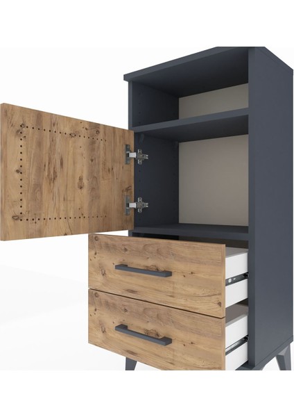 Arges Komodin 2 Raflı 2 Çekmeceli Tek Kapaklı 44X30X96 Antrasit-Çam indirimleri
