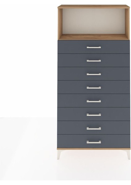 Arges Dolap Tek Raflı 8 Çekmeceli 88X30X182 Çam-Antrasit