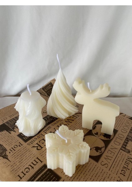 4 Lü Yılbaşı Geyik -Kar Tanesi - Spiral - Dönence Mum - Dekoratif Mum - Yılbaşı Konsept Mumları