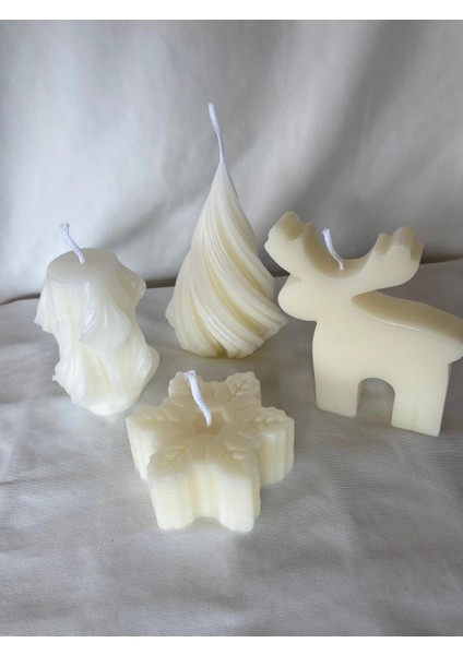 4 Lü Yılbaşı Geyik -Kar Tanesi - Spiral - Dönence Mum - Dekoratif Mum - Yılbaşı Konsept Mumları