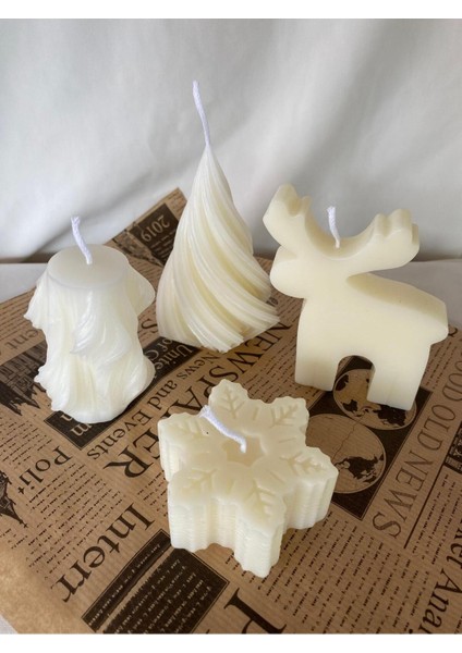 4 Lü Yılbaşı Geyik -Kar Tanesi - Spiral - Dönence Mum - Dekoratif Mum - Yılbaşı Konsept Mumları