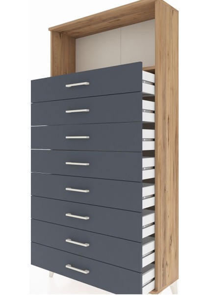 Arges Dolap Tek Raflı 8 Çekmeceli 88X30X182 Çam-Antrasit indirimleri
