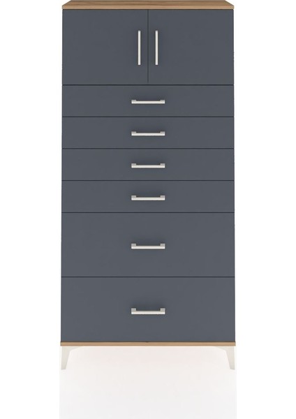 Arges Dolap Tek Raflı 6 Çekmeceli 2 Kapaklı 88X30X182 Çam-Antrasit