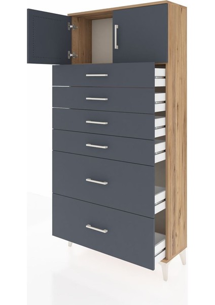 Arges Dolap Tek Raflı 6 Çekmeceli 2 Kapaklı 88X30X182 Çam-Antrasit fırsatları