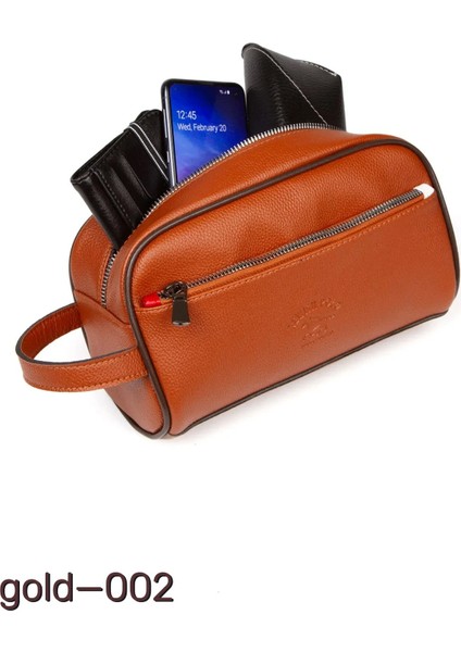 Erkek Deri Portföy Clutch Traş Kozmetik Bakım ve Günlük El Çantası (14X24CM) - Taba - GOLD002