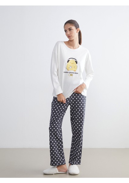 Yeni Sezon Bisiklet Yaka Baskılı Kadın Pijama Takımı