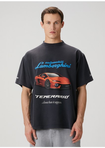 Siyah Lamborghini Baskılı T-Shirt