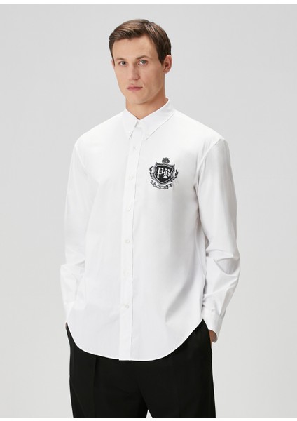 Beyaz Logo Nakışlı Gömlek
