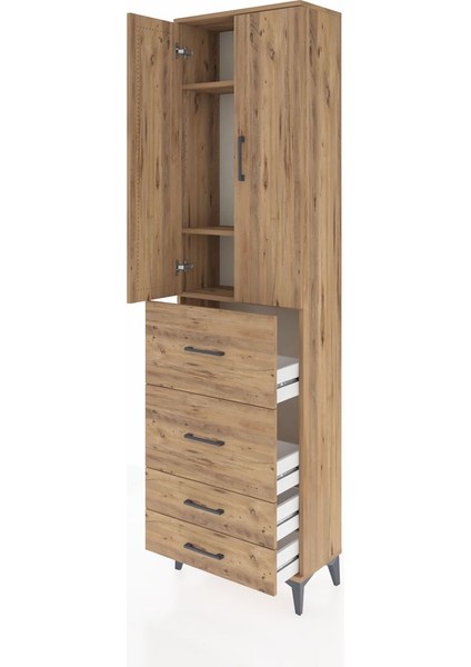 Arges Dolap 3 Raflı 4 Çekmeceli 2 Kapaklı 60X30X221 Çam-Çam fırsatları