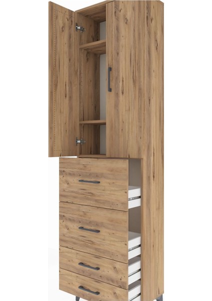 Arges Dolap 3 Raflı 4 Çekmeceli 2 Kapaklı 60X30X221 Çam-Çam indirimleri