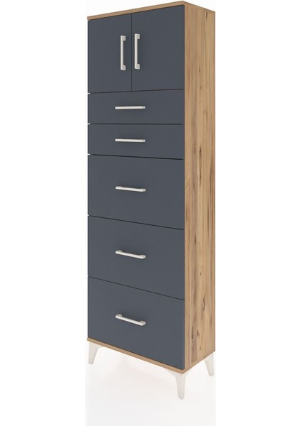 Arges Dolap Tek Raflı 5 Çekmeceli 2 Kapaklı 60X30X182 Çam-Antrasit modelleri