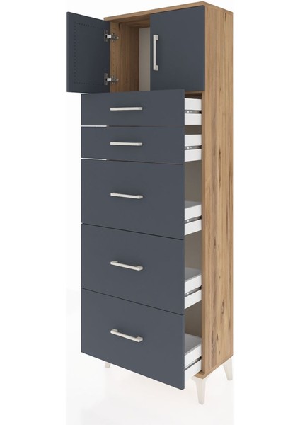 Arges Dolap Tek Raflı 5 Çekmeceli 2 Kapaklı 60X30X182 Çam-Antrasit fırsatları