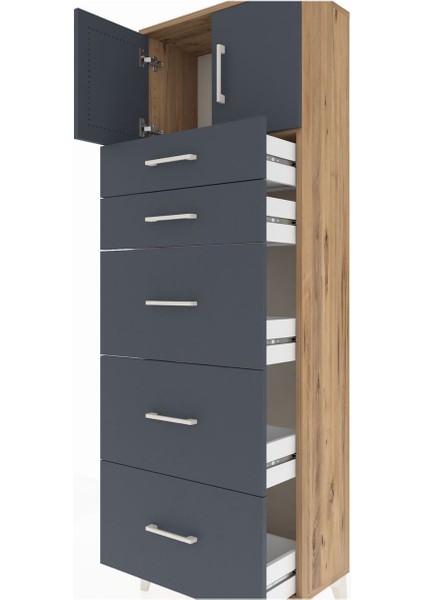 Arges Dolap Tek Raflı 5 Çekmeceli 2 Kapaklı 60X30X182 Çam-Antrasit indirimleri