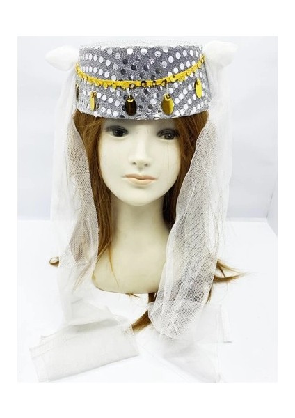 Beyaz Duvaklı Altın Pul Işlemeli Kına Fesi