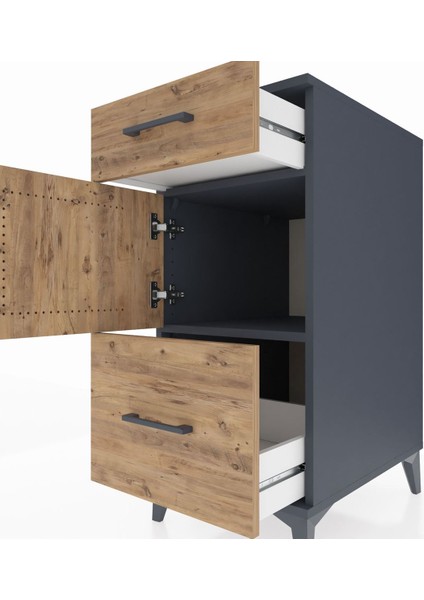 Kronos Komodin Tek Raflı 2 Çekmeceli Tek Kapaklı 44X59X96 Antrasit-Çam indirimleri