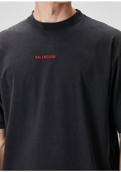 Medium Fit Siyah Logo Nakışlı T-Shirt