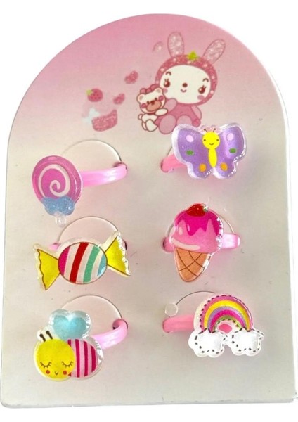 Kız Çocuk Karışık Şeker Model Arkası Sıkıştırmalı 6 Adet Yüzük Seti fiyatları