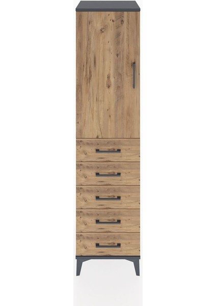 Hyperion Dolap Tek Raflı 5 Çekmeceli Tek Askılı 44X44X182 Antrasit-Çam