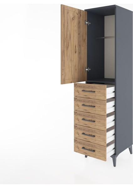 Hyperion Dolap Tek Raflı 5 Çekmeceli Tek Askılı 44X44X182 Antrasit-Çam fırsatları