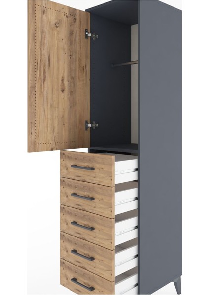 Hyperion Dolap Tek Raflı 5 Çekmeceli Tek Askılı 44X44X182 Antrasit-Çam indirimleri