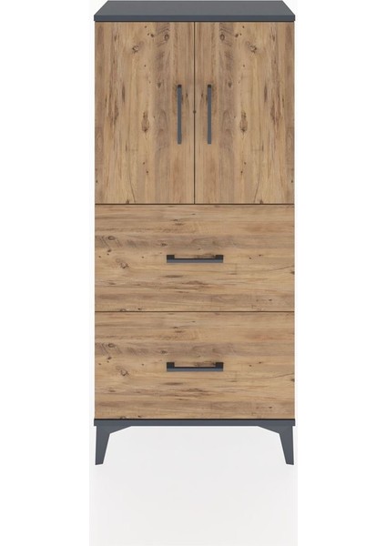 Hyperion Dolap Tek Raflı 2 Çekmeceli 2 Kapaklı 60X44X134 Antrasit-Çam