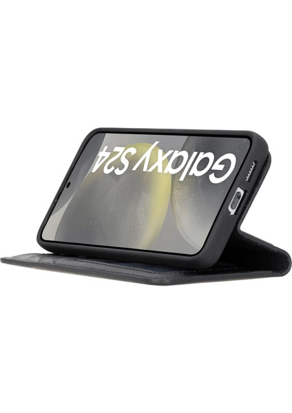Samsung Galaxy S24 Uyumlu, Deri Cüzdanlı Kılıf, Parlak Siyah modelleri
