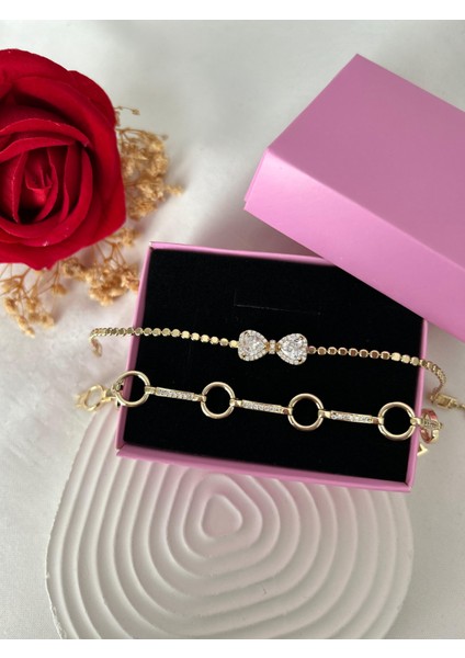 Taşlı Yonca Çiçek Bileklik Ezme Zincir Bileklik Altın Renk 2'li Vip Xuping Set Sevgiliye Hediye
