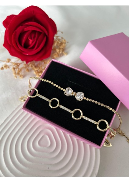 Taşlı Yonca Çiçek Bileklik Ezme Zincir Bileklik Altın Renk 2'li Vip Xuping Set Sevgiliye Hediye fiyatları