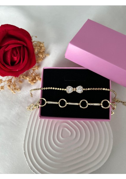 Taşlı Yonca Çiçek Bileklik Ezme Zincir Bileklik Altın Renk 2'li Vip Xuping Set Sevgiliye Hediye modelleri