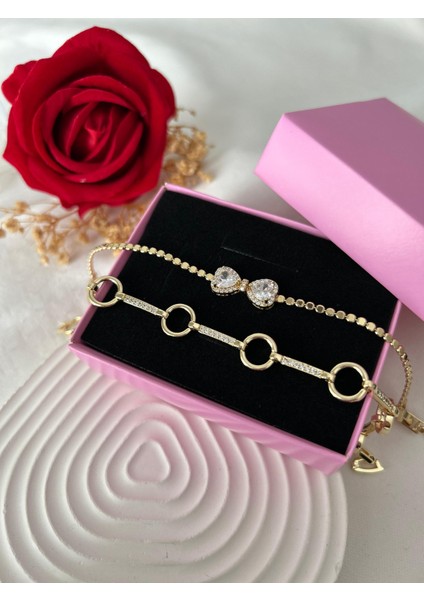 Taşlı Yonca Çiçek Bileklik Ezme Zincir Bileklik Altın Renk 2'li Vip Xuping Set Sevgiliye Hediye fırsatları